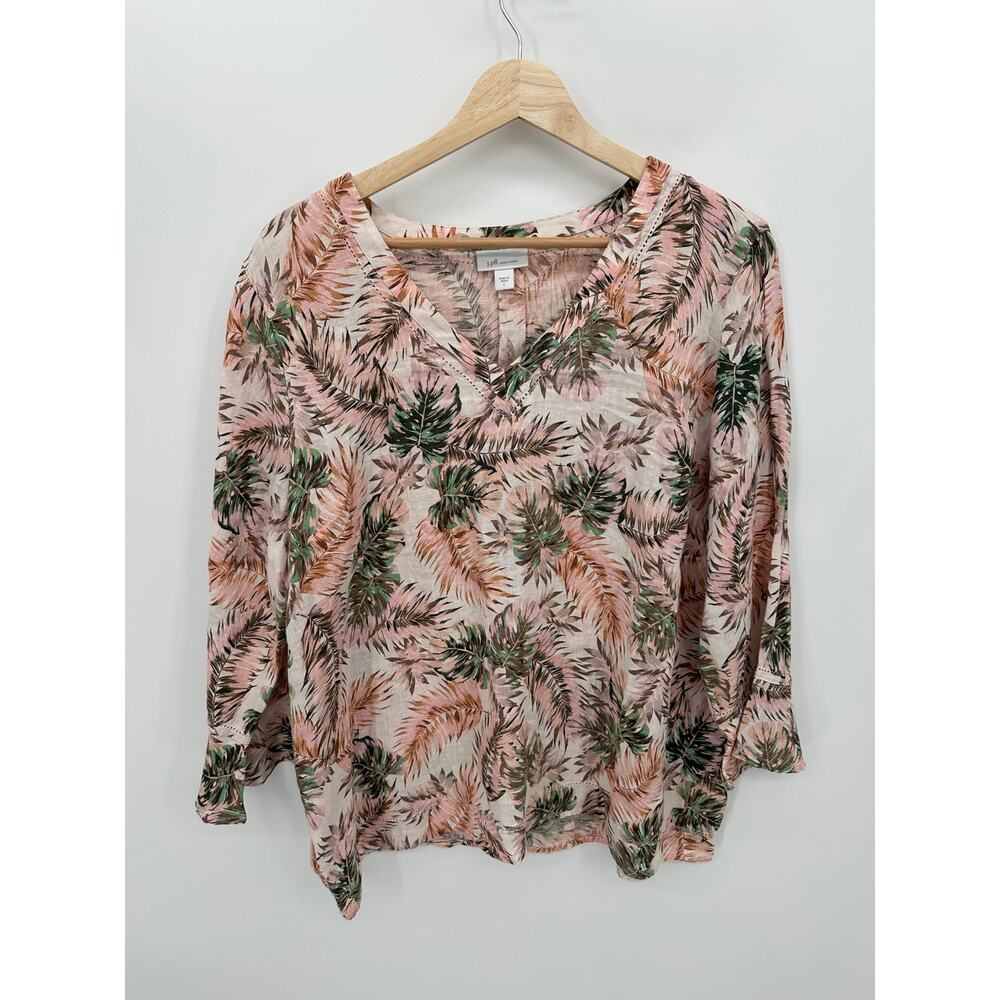 J. Jill Love Linen Floral Tropical Top Women Large 3/4 Sleeve Boho Coastal Vaca